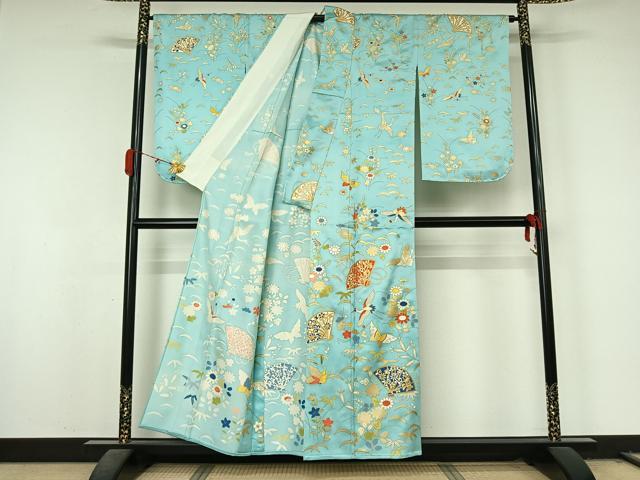 平和屋着物▽訪問着 単衣 飛鶴扇面花蝶文 金彩 正絹 逸品 AABL0441jh