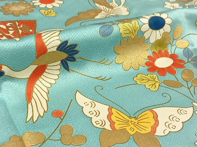 平和屋着物▽訪問着 単衣 飛鶴扇面花蝶文 金彩 正絹 逸品 AABL0441jh