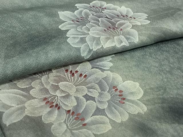 平和屋着物▽訪問着 単衣 手描き 刺繍 枝花文 暈し染め 正絹 逸品 AABL0464jh