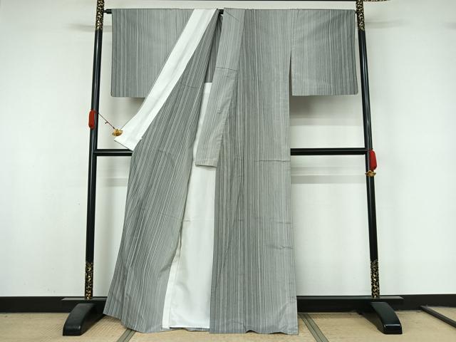平和屋着物▽お召 単衣 縞 正絹 逸品 AABL0469jh