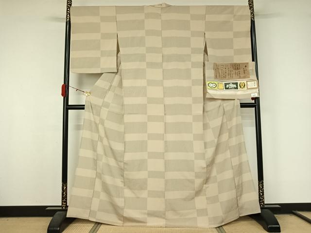 平和屋着物▽伝統工芸士 白川貞夫 お召 単衣 横段文 本しぼ柿渋染め 証紙付き 正絹 逸品 AABL0476jh
