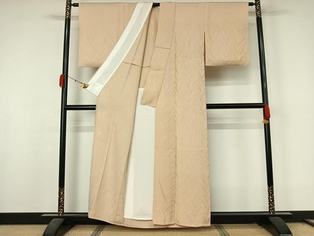 平和屋着物▽あめや藤本 藤本最慶 色無地 単衣 草葉地紋 肌色 正絹 逸品 AABL0478jh