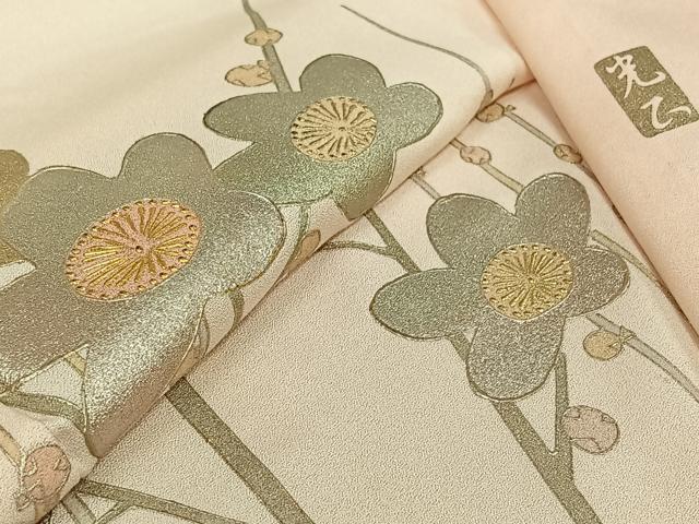 平和屋着物▽金彩友禅 卓越技能者・名工・和田光正 訪問着 単衣 枝梅文 金銀彩 正絹 逸品 AABL0481jh