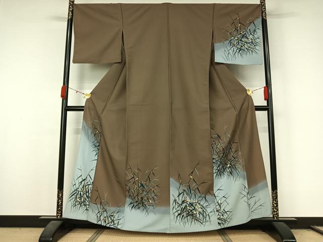 平和屋着物▽訪問着 単衣 草葉文 金彩 洗える着物 AABL0485jh