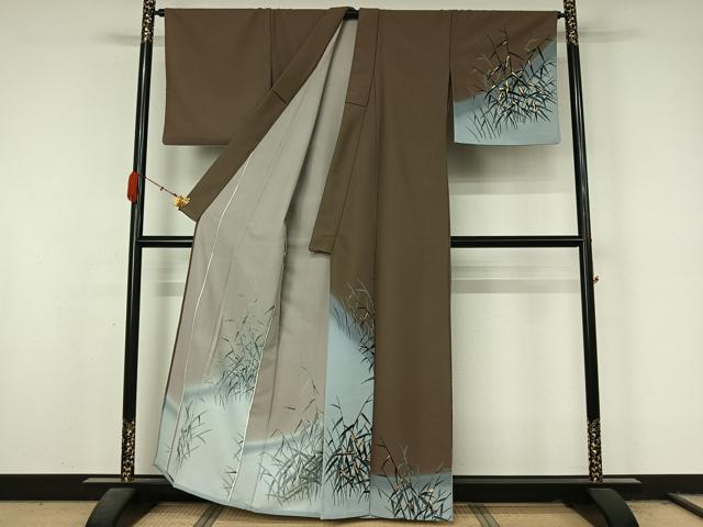 平和屋着物▽訪問着 単衣 草葉文 金彩 洗える着物 AABL0485jh