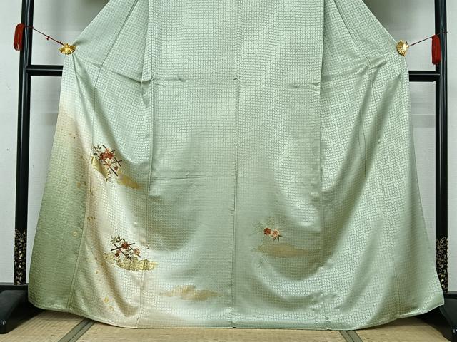 平和屋着物▽訪問着 単衣 刺繍 草花文 暈し染め 金糸 銀彩 正絹 逸品 AABL0498jh
