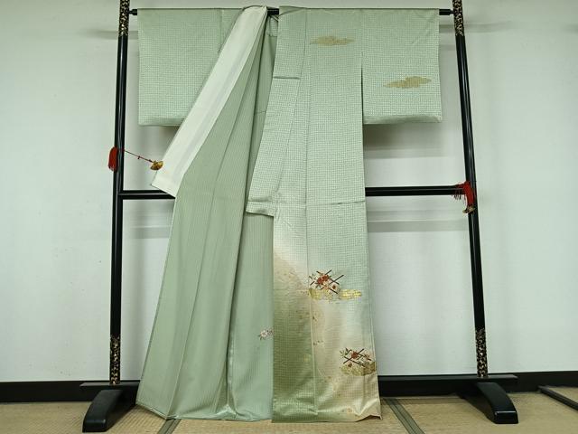 平和屋着物▽訪問着 単衣 刺繍 草花文 暈し染め 金糸 銀彩 正絹 逸品 AABL0498jh