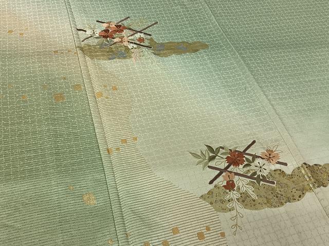 平和屋着物▽訪問着 単衣 刺繍 草花文 暈し染め 金糸 銀彩 正絹 逸品 AABL0498jh