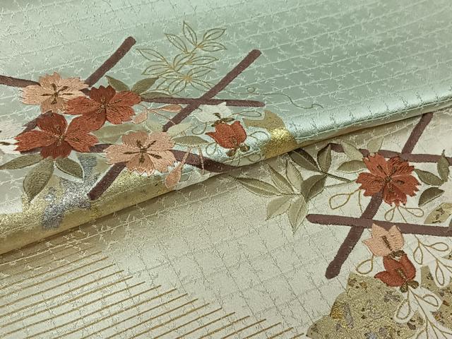 平和屋着物▽訪問着 単衣 刺繍 草花文 暈し染め 金糸 銀彩 正絹 逸品 AABL0498jh