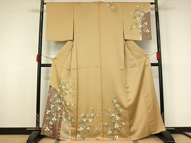 平和屋着物▽訪問着 単衣 駒刺繍 草花文 金糸 金彩 正絹 逸品 未使用 AABL0517jh