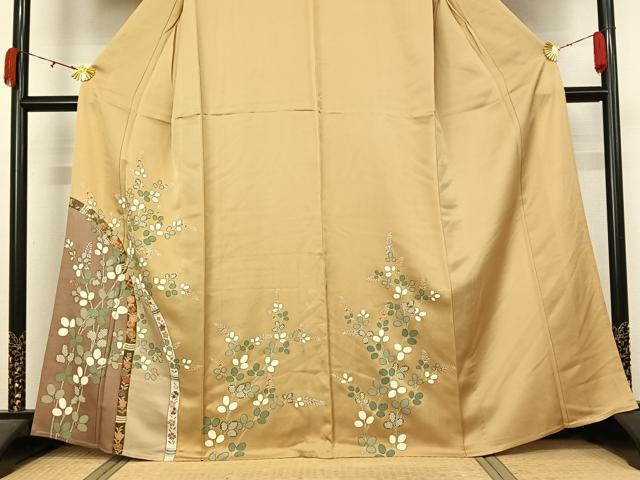 平和屋着物▽訪問着 単衣 駒刺繍 草花文 金糸 金彩 正絹 逸品 未使用 AABL0517jh