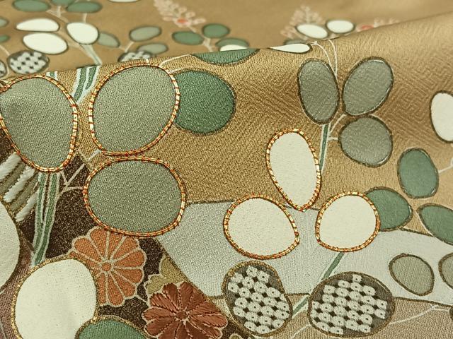 平和屋着物▽訪問着 単衣 駒刺繍 草花文 金糸 金彩 正絹 逸品 未使用 AABL0517jh