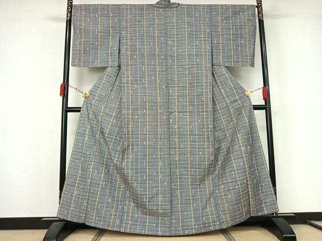平和屋着物▽上質な紬 単衣 格子 正絹 逸品 AABL0519jh