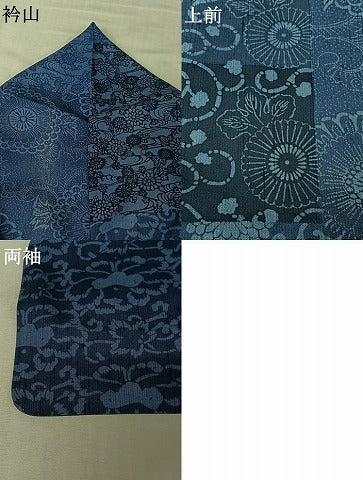 平和屋着物▽上質な小紋 単衣 本藍 型染め 草花文 正絹 逸品 AABL0545jh