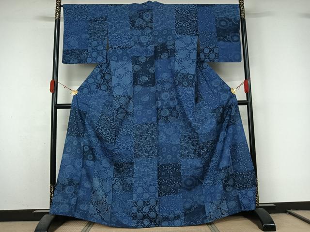 平和屋着物▽上質な小紋 単衣 本藍 型染め 草花文 正絹 逸品 AABL0545jh