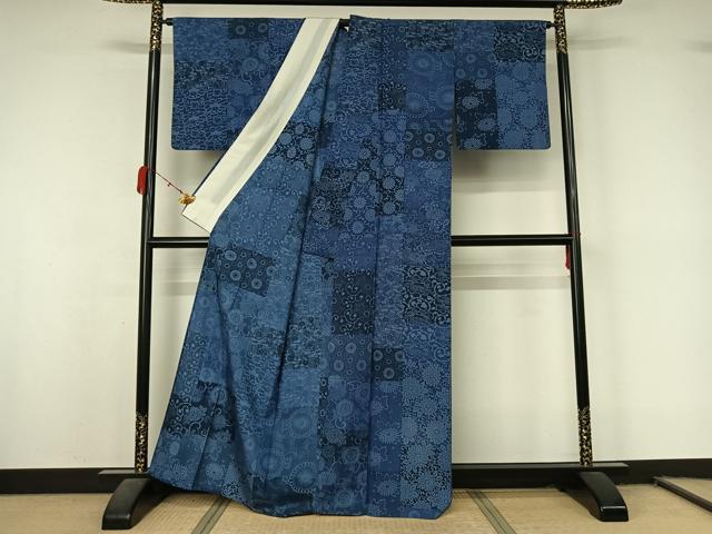 平和屋着物▽上質な小紋 単衣 本藍 型染め 草花文 正絹 逸品 AABL0545jh
