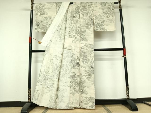 平和屋着物▽上質な紬 単衣 風景文 正絹 逸品 AABL0547jh