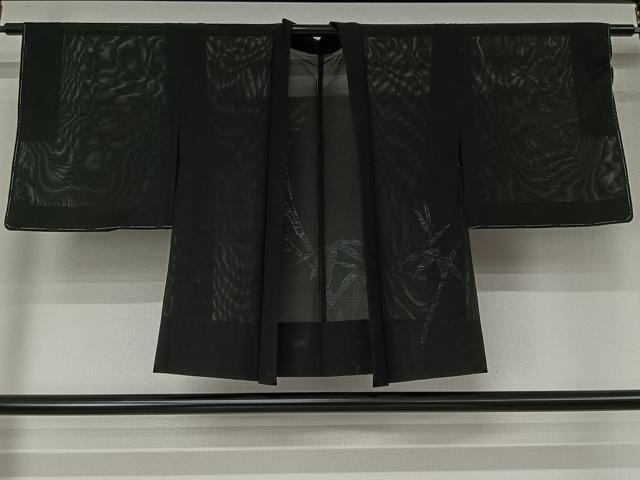 平和屋着物▽羽織 スリーシーズン 春夏秋 塵除け 笹竹文 黒地 正絹 逸品 未使用 AABL0577jh