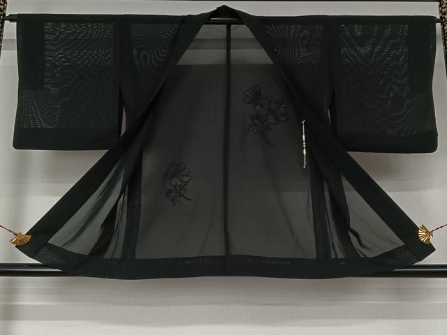 平和屋着物▽羽織 スリーシーズン 春夏秋 塵除け 草花文 黒地 正絹 逸品 AABL0579jh