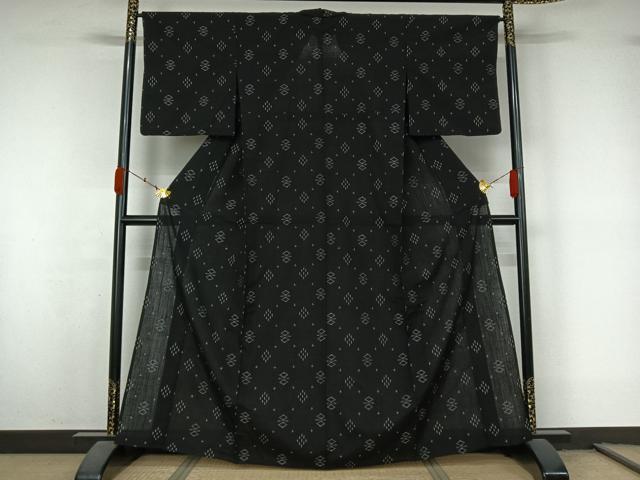 平和屋着物▽上質な紬 単衣 幾何学文様 黒地 正絹 逸品 AABL0599jh