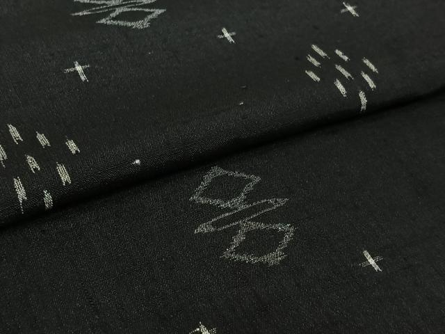 平和屋着物▽上質な紬 単衣 幾何学文様 黒地 正絹 逸品 AABL0599jh