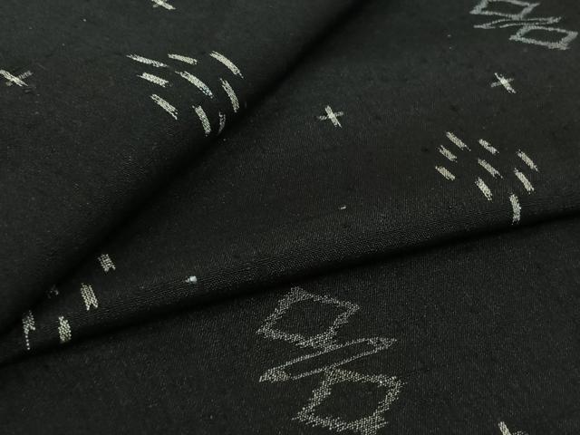 平和屋着物▽上質な紬 単衣 幾何学文様 黒地 正絹 逸品 AABL0599jh