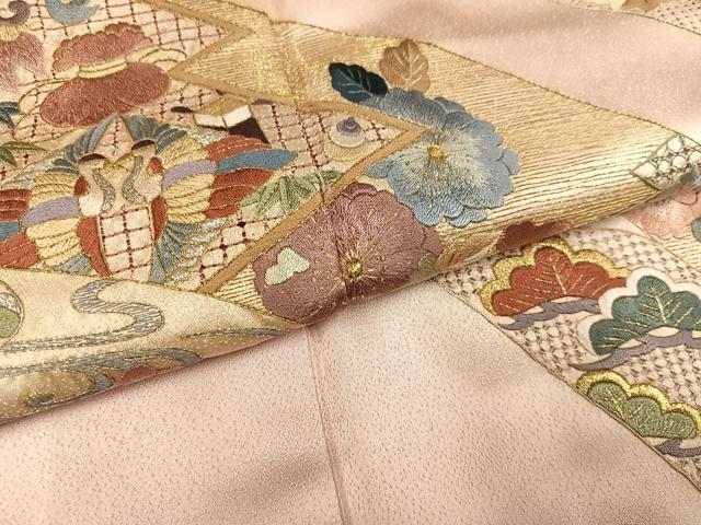 平和屋着物●訪問着 総刺繍 向い鶴草花文 金銀糸 正絹 逸品 AABL0604ph