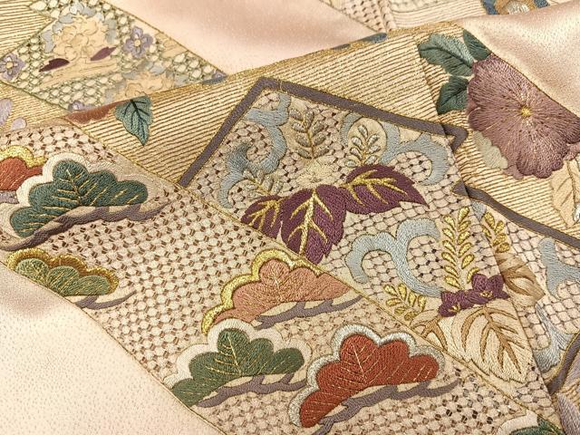 平和屋着物●訪問着 総刺繍 向い鶴草花文 金銀糸 正絹 逸品 AABL0604ph