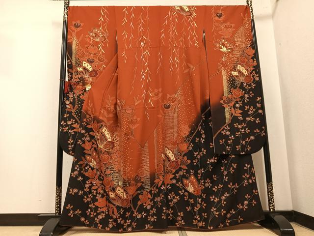 平和屋着物●豪華振袖 駒刺繍 花蝶文 暈し染め 金銀彩 正絹 逸品 AABL0621ph