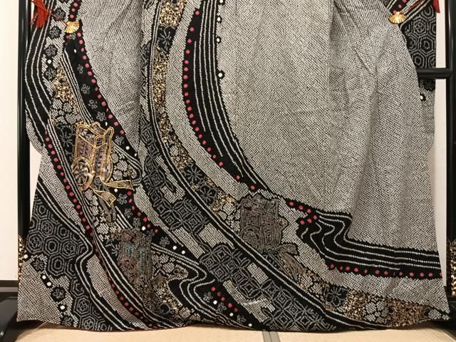 平和屋着物●豪華振袖 総絞り 駒刺繍 御所車花文 金彩 正絹 逸品 AABL0634ph