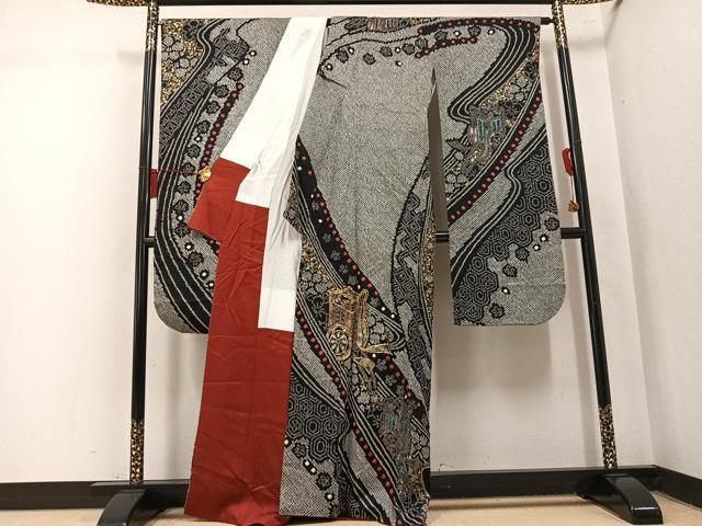 平和屋着物●豪華振袖 総絞り 駒刺繍 御所車花文 金彩 正絹 逸品 AABL0634ph