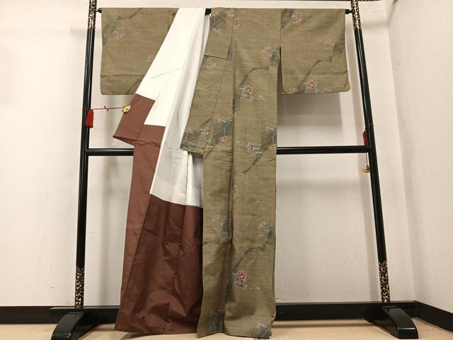 平和屋着物●小千谷紬 草花文 正絹 逸品 AABL0642ph
