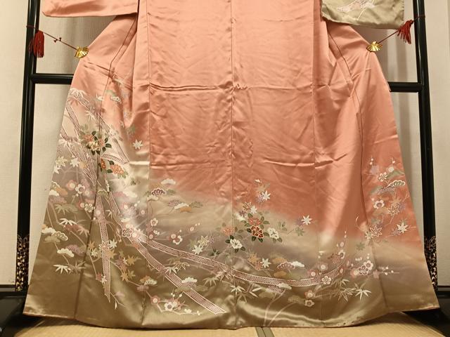 平和屋着物●訪問着 駒刺繍 松竹梅草花文 暈し染め 金彩 正絹 逸品 AABL0653ph