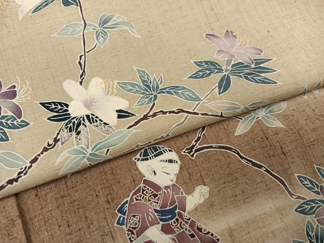 平和屋着物●訪問着 友禅 紬地 童子枝花文 正絹 逸品 AABL0655ph