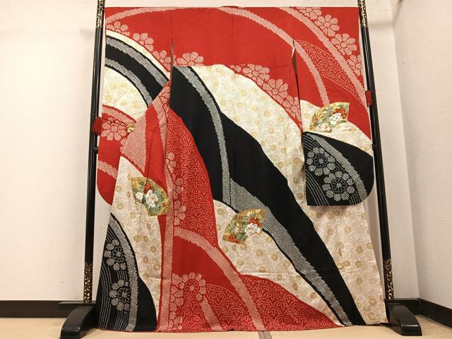 平和屋着物●豪華振袖 絞り 駒刺繍 地紙花文 金銀彩 正絹 逸品 AABL0674ph