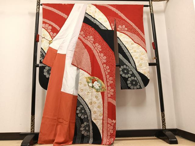 平和屋着物●豪華振袖 絞り 駒刺繍 地紙花文 金銀彩 正絹 逸品 AABL0674ph