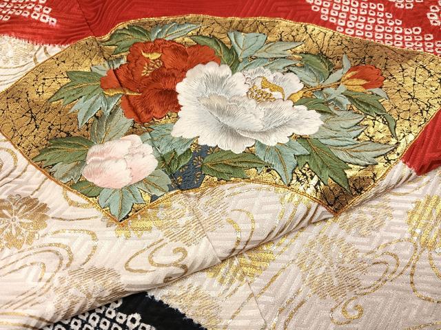 平和屋着物●豪華振袖 絞り 駒刺繍 地紙花文 金銀彩 正絹 逸品 AABL0674ph