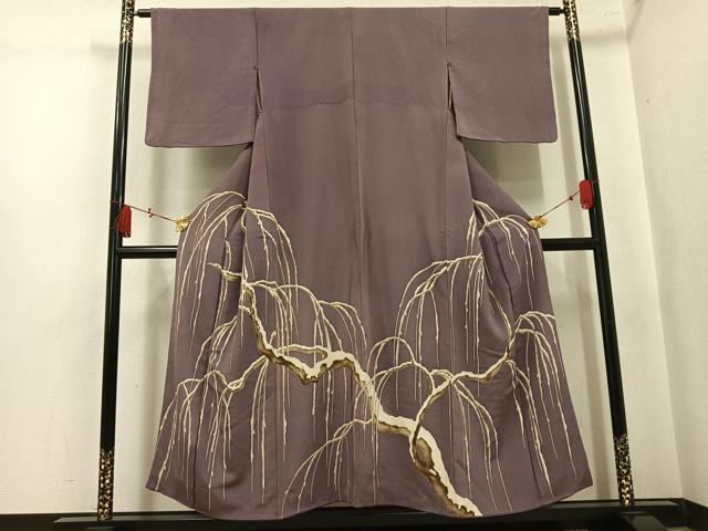 平和屋着物●色留訪問着 雪持ち枝垂れ柳 鬼しぼ縮緬 正絹 逸品 AABL0682ph