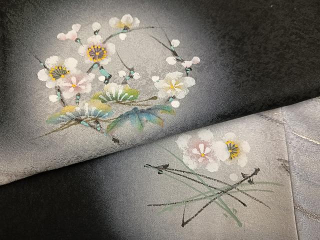 平和屋着物●訪問着 手描き 梅 暈し染め 黒地 銀彩 ほていや扱い 正絹 逸品 未使用 AABL0687ph