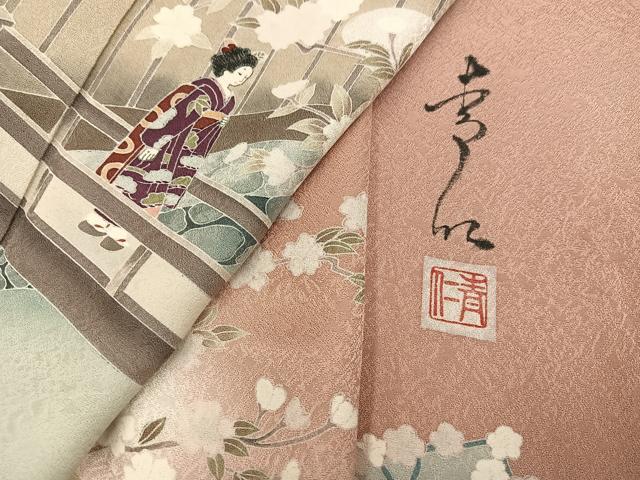 平和屋着物●友禅作家の巨匠 浅井青仁 訪問着 女人花文 暈し染め 正絹 逸品 AABL0759ph