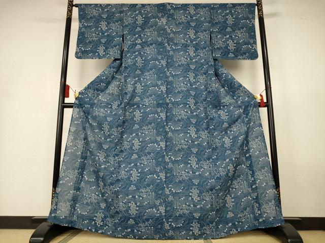 平和屋着物*夏物 小紋 絽 藍 型染め 流水草花文 正絹 逸品 AABL0786jd
