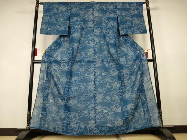平和屋着物*夏物 小紋 紗 流水草花文 正絹 逸品 AABL0792jd