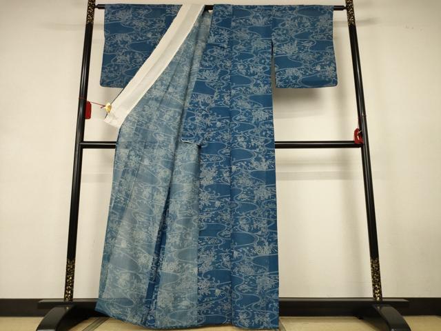 平和屋着物*夏物 小紋 紗 流水草花文 正絹 逸品 AABL0792jd