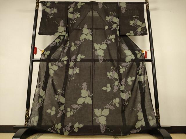 平和屋着物*夏物 小紋 紗 葡萄蔦の葉文 洗える着物 AABL0826jd