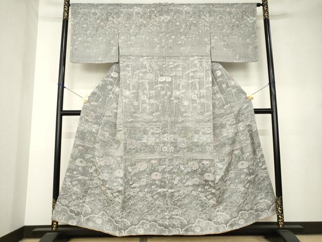 平和屋着物●山岡古都・古都染人 染織美術品 薬墨染 天目織 お召 訪問着 花鳥文 正絹 逸品 未使用 AABL0890ck
