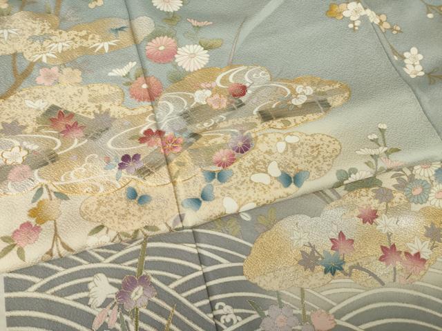 平和屋着物●訪問着 駒刺繍 流水花筏文 暈し染め 金銀彩 三越扱い 正絹 逸品 AABL0902ck