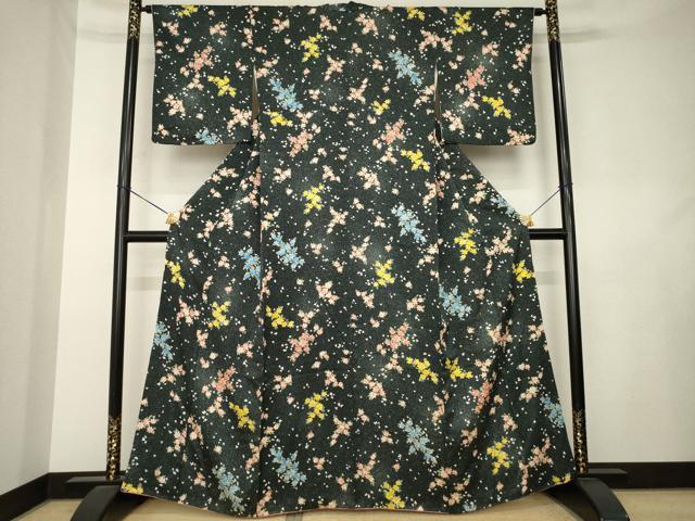 平和屋着物●上質な小紋 舞花文 黒地 正絹 逸品 AABL0908ck