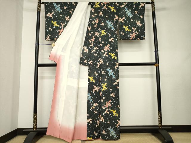 平和屋着物●上質な小紋 舞花文 黒地 正絹 逸品 AABL0908ck
