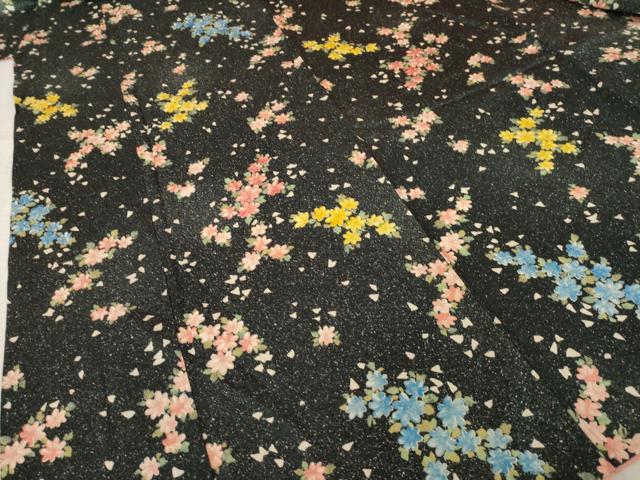 平和屋着物●上質な小紋 舞花文 黒地 正絹 逸品 AABL0908ck