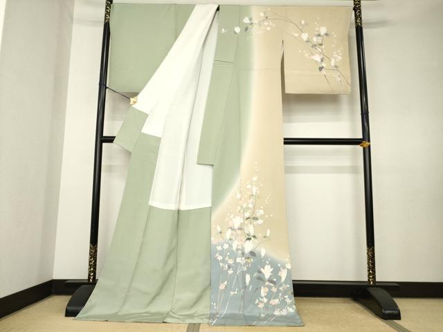 平和屋着物●訪問着 友禅 枝花文 暈し染め 正絹 逸品 AABL0921ck